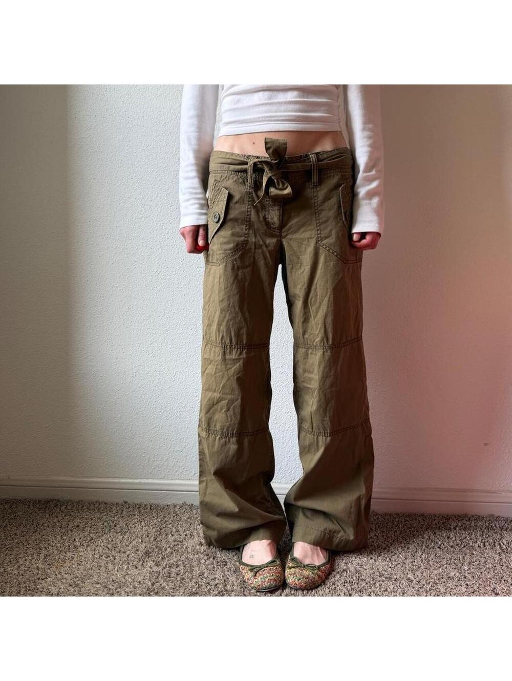 Vintage y2k low rise wide leg flare olive green khaki casual chino pants
